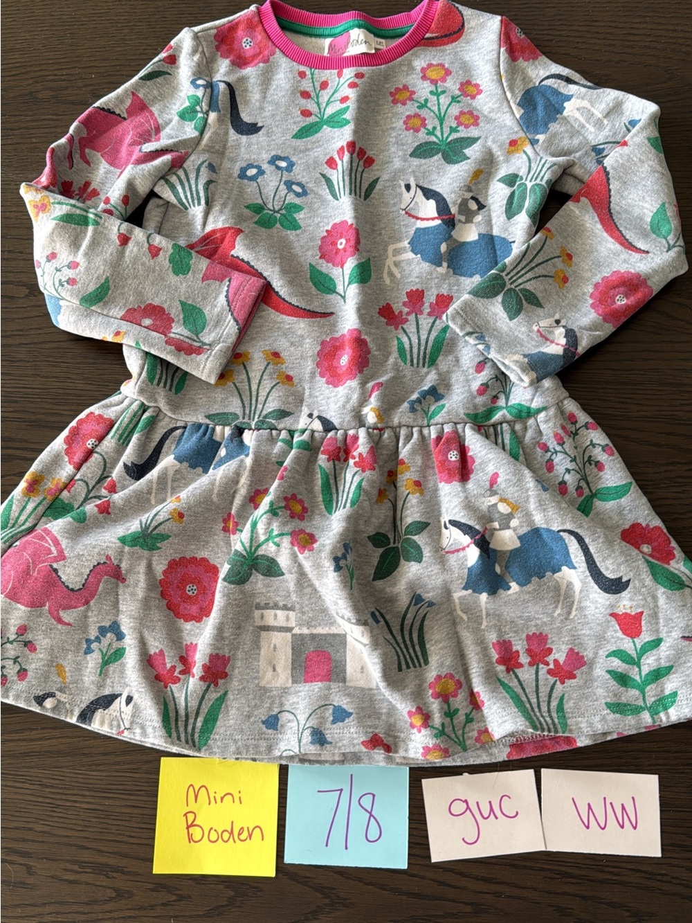 Mini Boden Grey Dress with Pink & Blue Floral and Pony Print